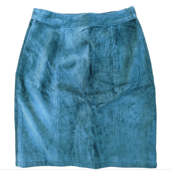 Green Turquoise Vintage 80s Suede Pencil Skirt High Rise Pleat Miniskirt Size 7 - Picture 2 of 10
